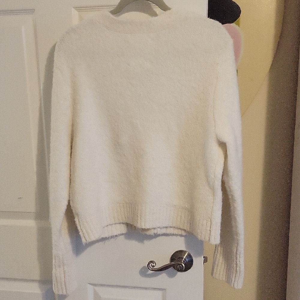 Aerie SzLG Cozy Fuzzy White vneck long sleeve button-down Cardigan pockets - Picture 6 of 7
